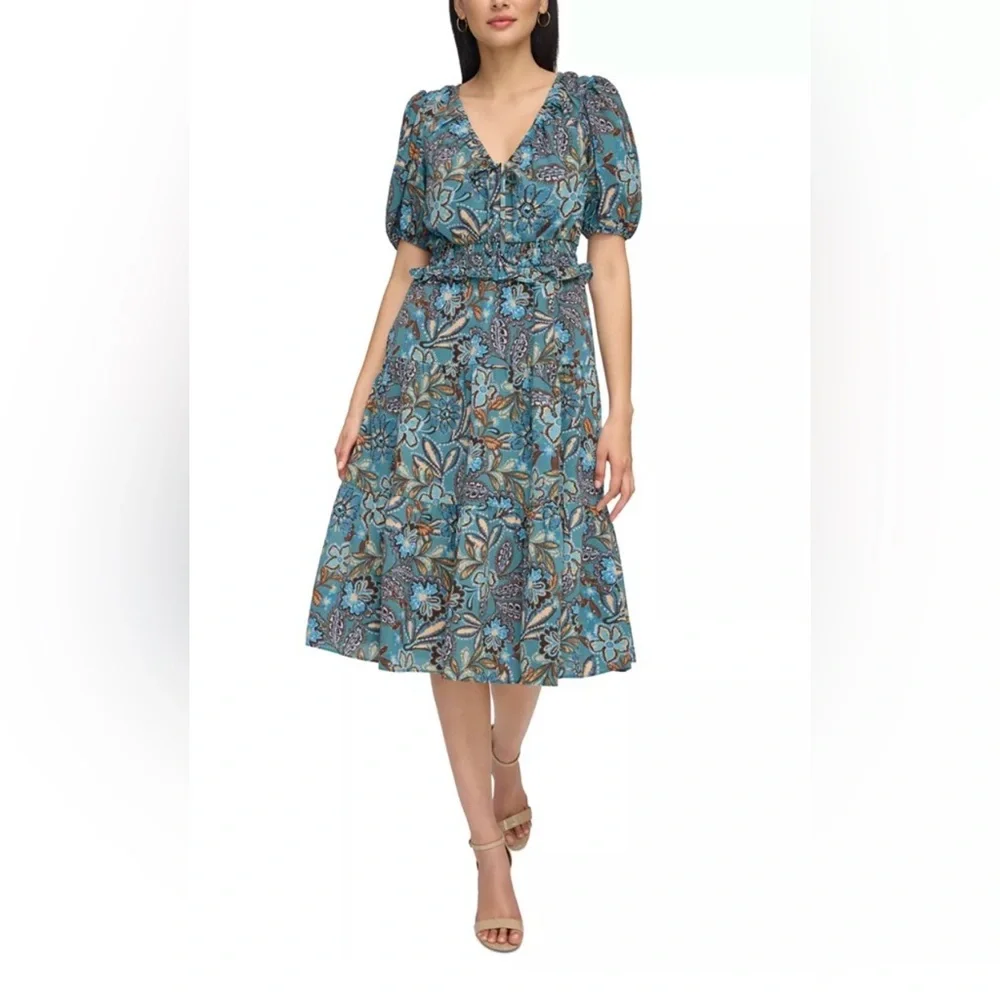 New! Vince Camuto Teal Floral Paisley Print Midi Dress - Picture 1 of 7